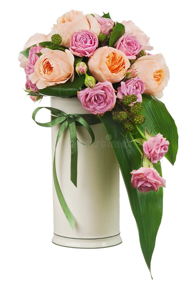 Colorful flower bouquet from roses and peon flowers in vase isolated on white background. stock photos Colorful flower bouquet from roses and peon flowers in vase isolated on white background. stock photos