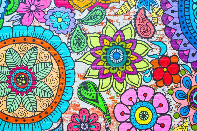 Colorful Flower Mural Artwork on Brick Wall Editorial Photography