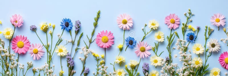 Colorful flowers lined up neatly on a blue surface create a vibrant display. royalty free stock images
