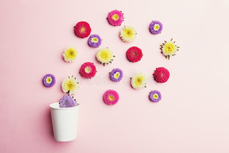 Colorful flowers and paper coffee cup on pink background stock photo Colorful flowers and paper coffee cup on pink background stock photo