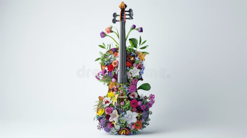 Colorful flowers and plants grow from a violin in this image, which has a white background AIG535 royalty free stock photo