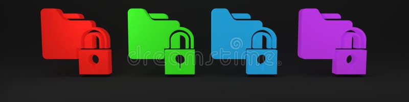 Colorful Folder and lock icon isolated on black background. Closed folder and padlock. Security, safety, protection stock illustration