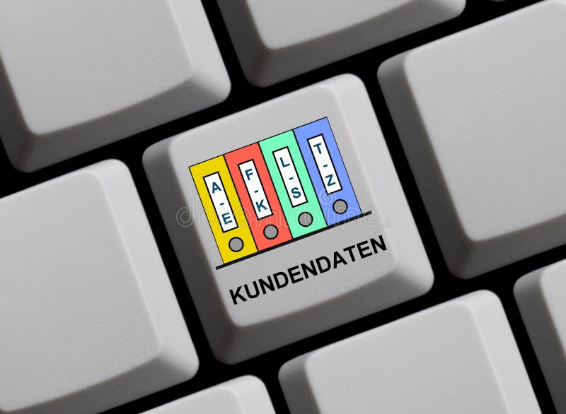 Online Customer Documents in german language. Colorful folders on computer keyboard showing Customer Documents in german language