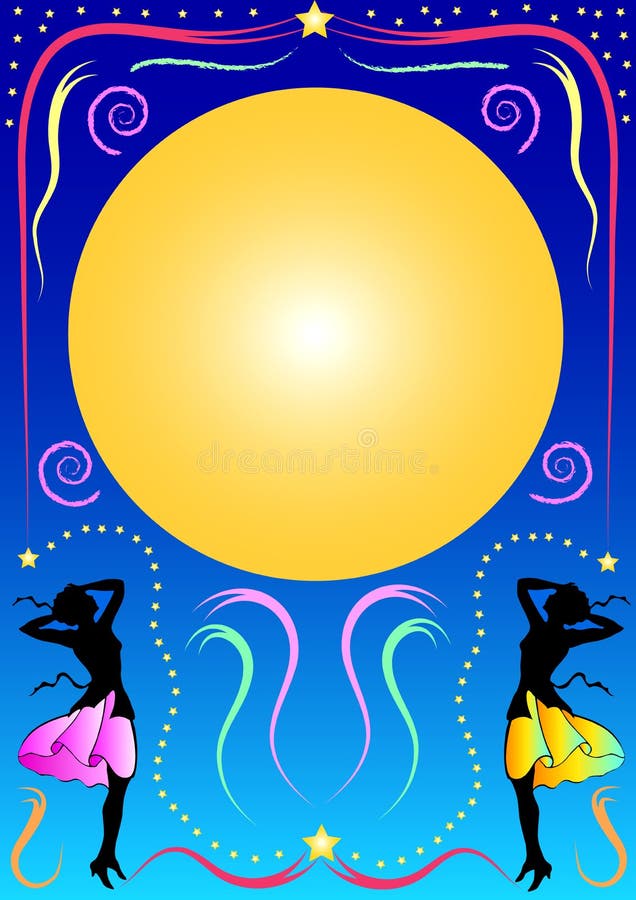 Colorful and cheerful frame with stars, lines and two women in the bottom and a round gradient yellow frame for filling. Available as Illustrator-file. Colorful and cheerful frame with stars, lines and two women in the bottom and a round gradient yellow frame for filling. Available as Illustrator-file