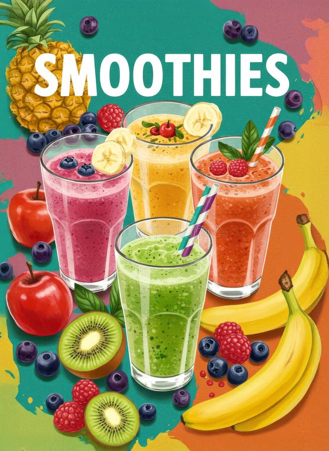 Colorful fresh fruit smoothies with banana orange and berry flavors vector illustration