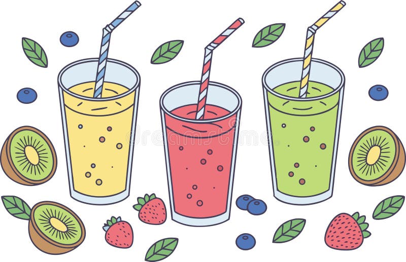 Colorful Fresh Fruit Smoothies with Straws and Fruits stock illustration