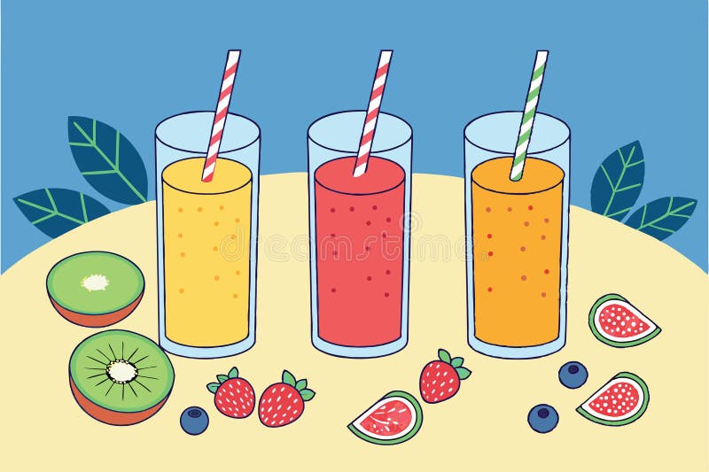 Colorful Fresh Fruit Smoothies with Straws and Fruits royalty free illustration