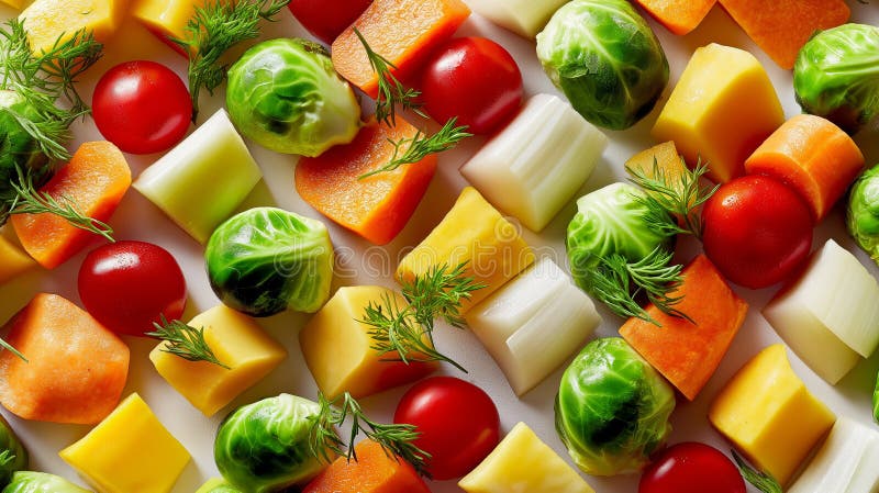 Colorful fresh vegetables display with brussels sprouts tomatoes and squash fotografia stock libera da diritti