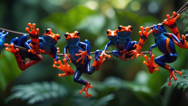 A Group of Dyeing Poison Dart Frogs Clinging to a Vine in the Rainforest vector illustration