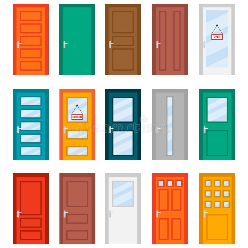 Colorful front doors to houses and buildings set in flat design style. Set of color door icons royalty free illustration Colorful front doors to houses and buildings set in flat design style. Set of color door icons royalty free illustration