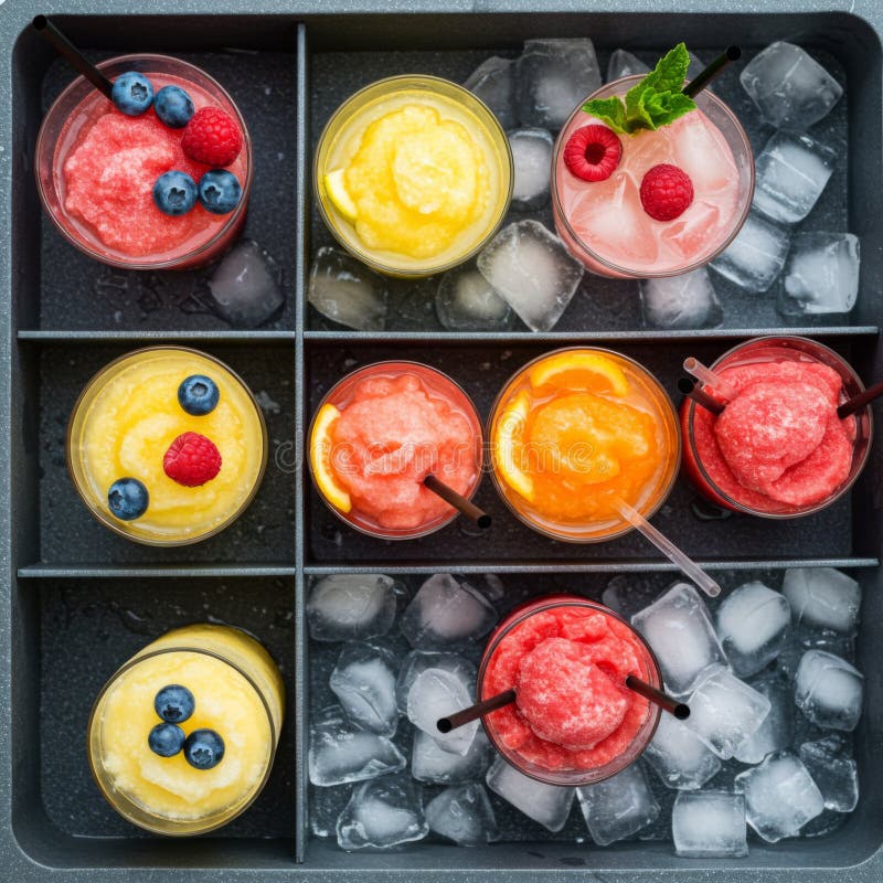 Colorful Frozen Fruit Smoothies in Ice Tray stock illustration