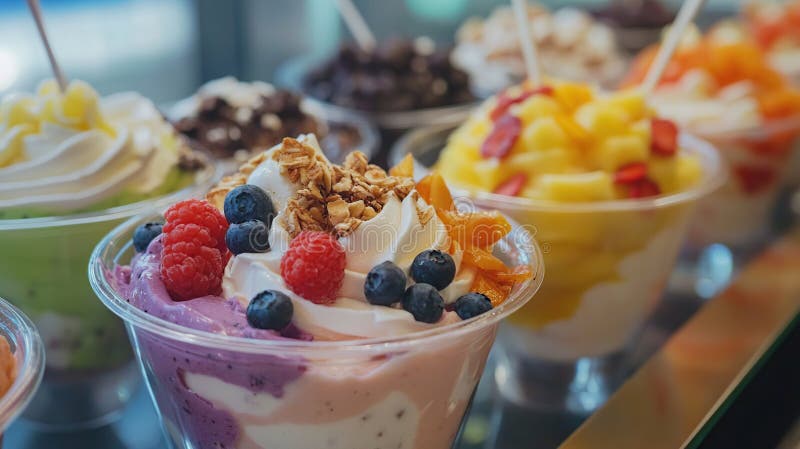 Colorful frozen yogurt parfaits with various toppings royalty free stock photography