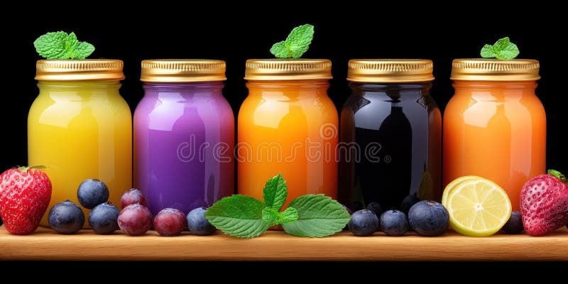 Assorted Fresh Fruit Smoothies in Glass Jars vector illustration