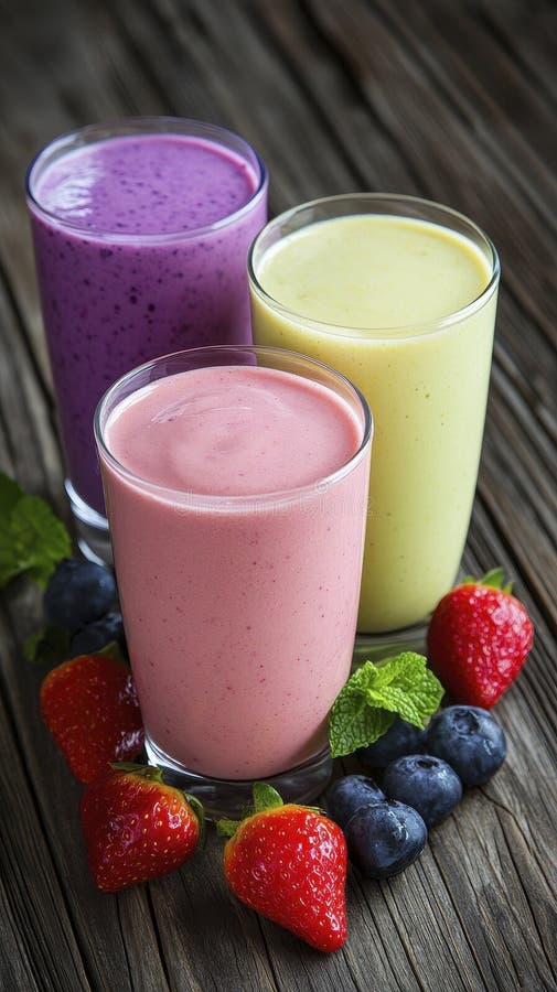 Colorful Fruit Smoothies with Berries on Rustic Wood vector illustration