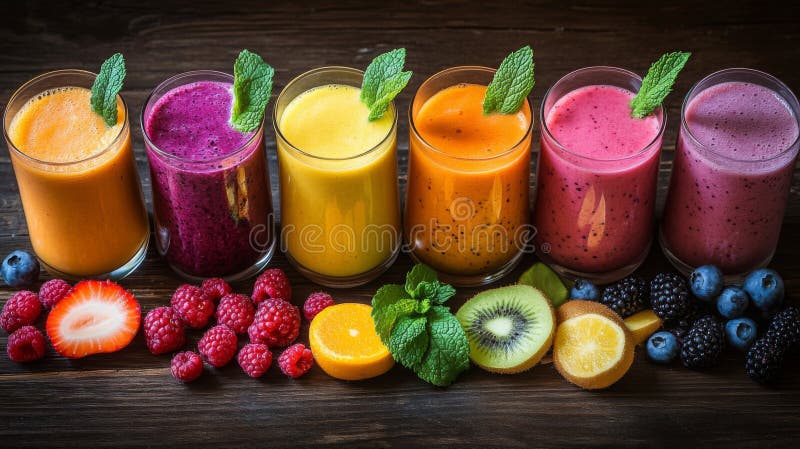 Colorful Fruit Smoothies with Fresh Berries and Mint stock illustration