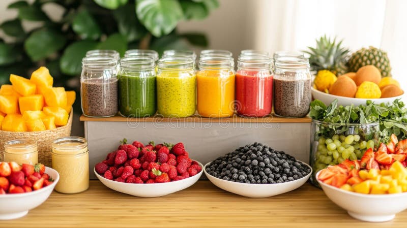 Colorful fruit smoothies and fresh ingredients vector illustration