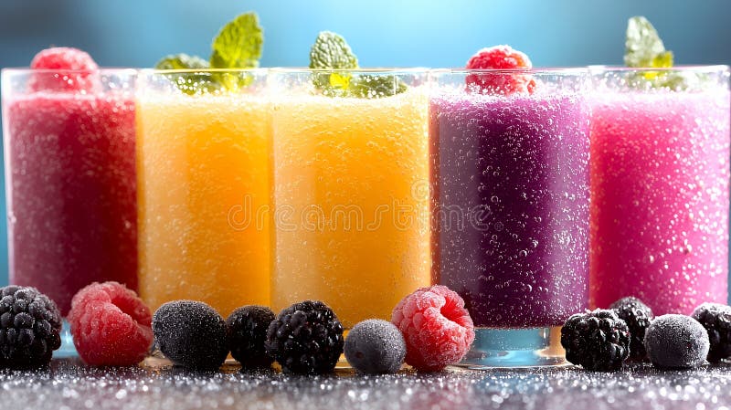 Colorful fruit smoothies in glasses with berries vector illustration