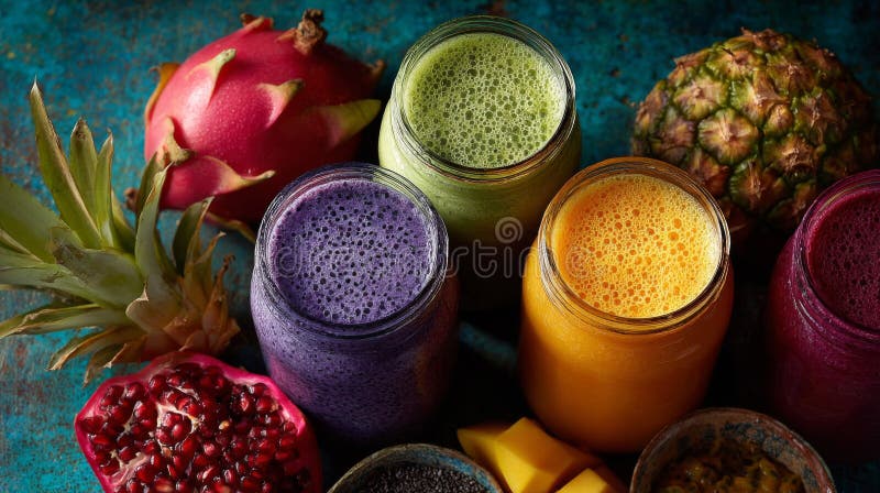 Colorful Fruit Smoothies in Jars stock illustration