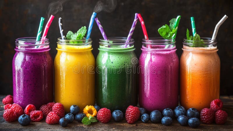 Colorful fruit smoothies in mason jars vector illustration