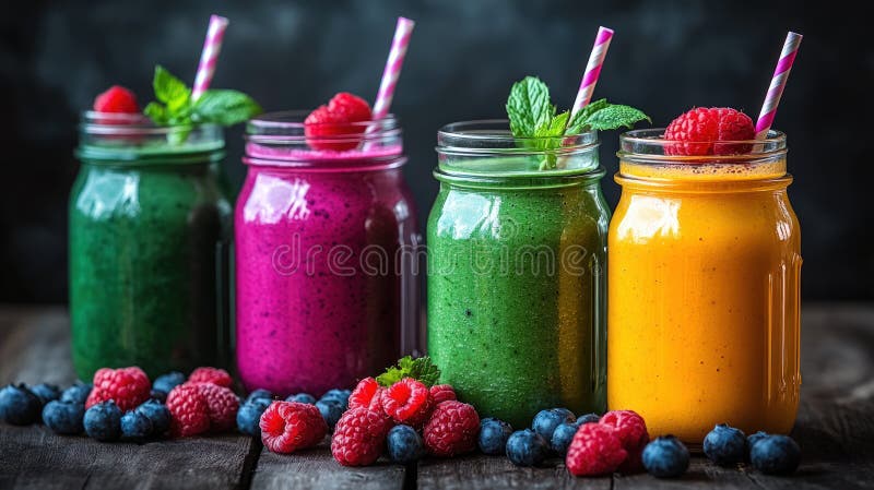 Colorful fruit smoothies in mason jars (1 stock illustration