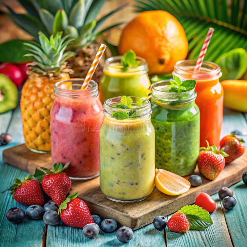 Colorful fruit smoothies in mason jars, vibrant healthy drinks vector illustration