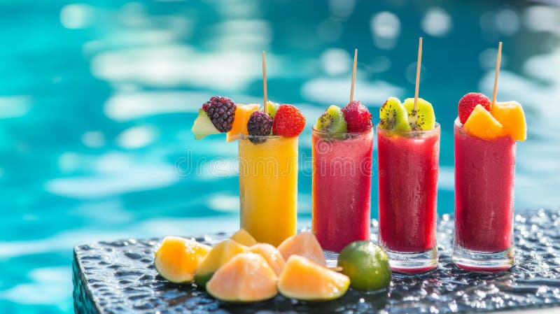 Colorful Fruit Smoothies by Poolside stock illustration