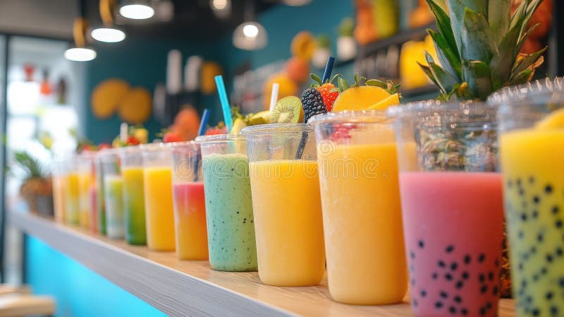 Colorful Fruit Smoothies in a Row on a Bar Counter AI-generated. stock illustration