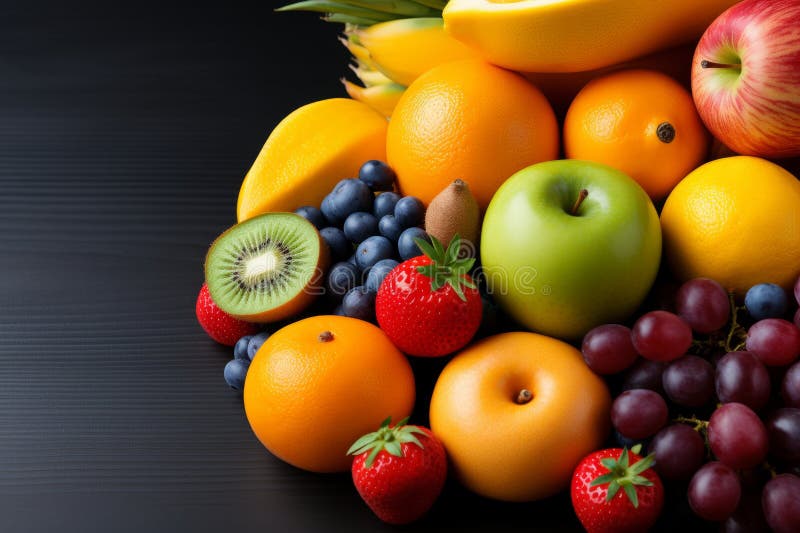 Colorful Fruits on Dark Glossy Surface with Space for Text, Realistic