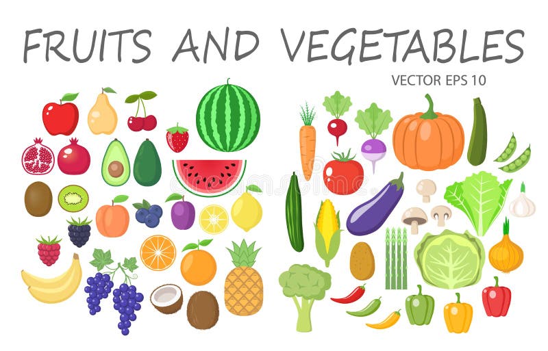 Colorful fruits and vegetables clipart set. Fruit and vegetable colored cartoon collection.