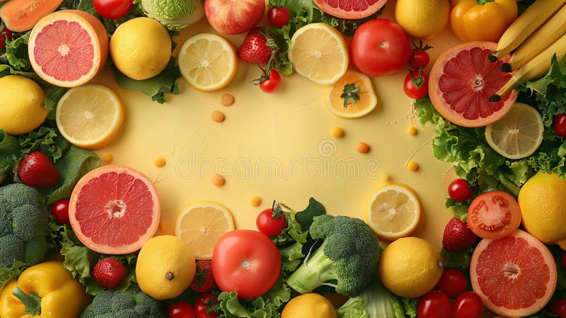 Colorful Fruits and Vegetables on Yellow Background royalty free illustration