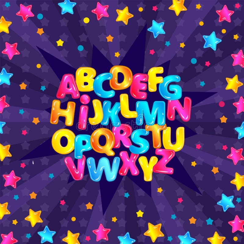 Colorful fun English alphabet set with glossy cartoon letters and starry purple background stock illustration Colorful fun English alphabet set with glossy cartoon letters and starry purple background stock illustration