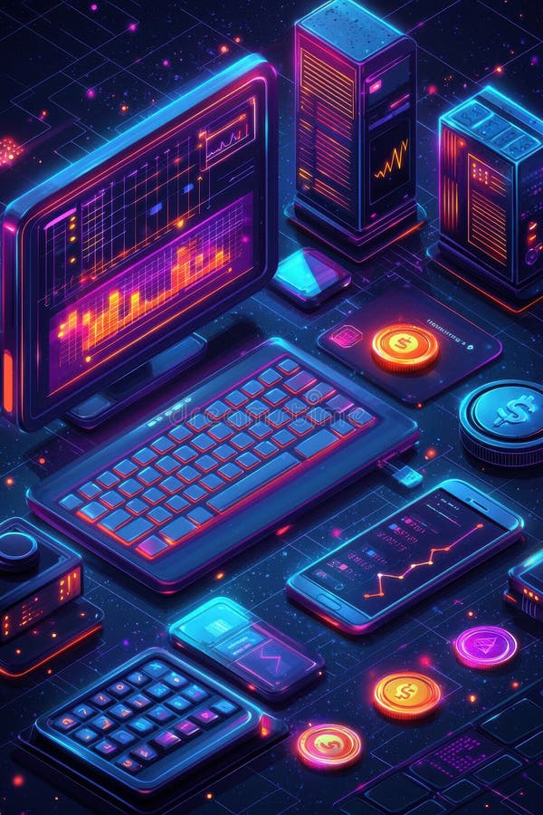 Colorful futuristic digital dashboard with charts and graphics on screens stock photos