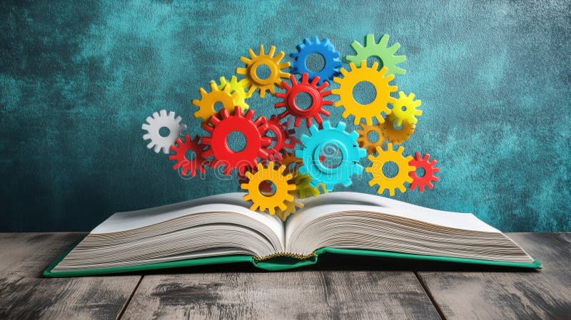 Colorful gears emerging from open book, symbolizing creativity and innovation stock images