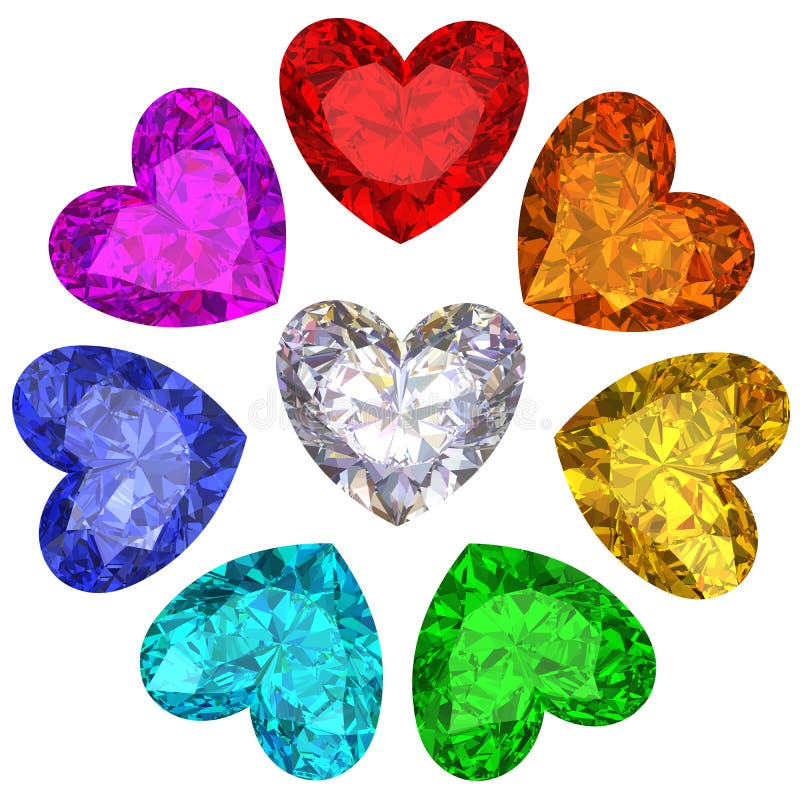 Colorful gems in shape of heart isolated on white