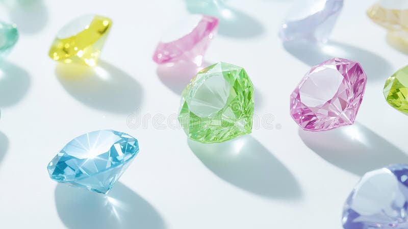 Colorful gemstones reflecting light in various vibrant colors on white surface royalty free stock photos
