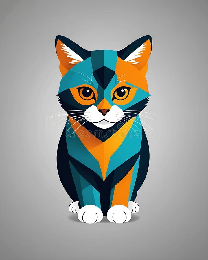 Colorful Geometric Cat Illustration with Vibrant Orange and Teal Patterns on Gray Background vector illustration