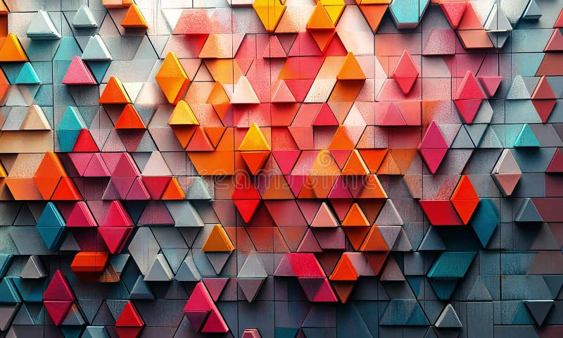Colorful geometric wall art featuring vibrant triangular shapes arranged in a dynamic pattern royalty free illustration