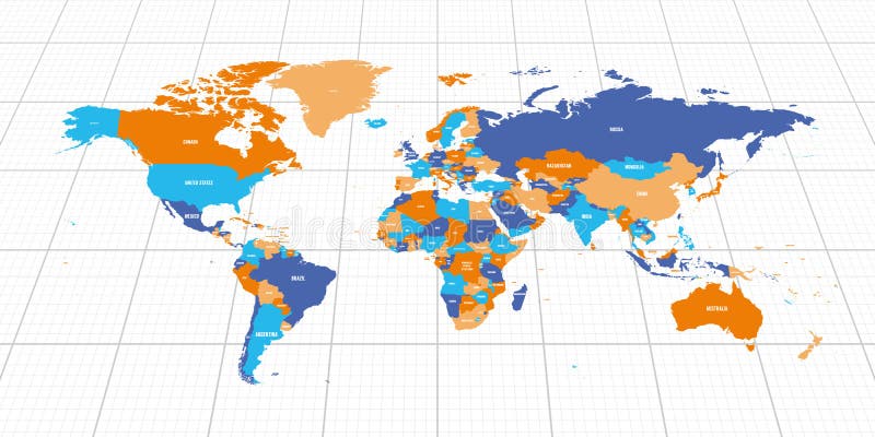 Colorful Geopolitical Map of World. Bottom Perspective View with 