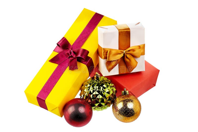 Colorful Gift Boxes with Bows and Ribbons Isolated in White Stock Photo