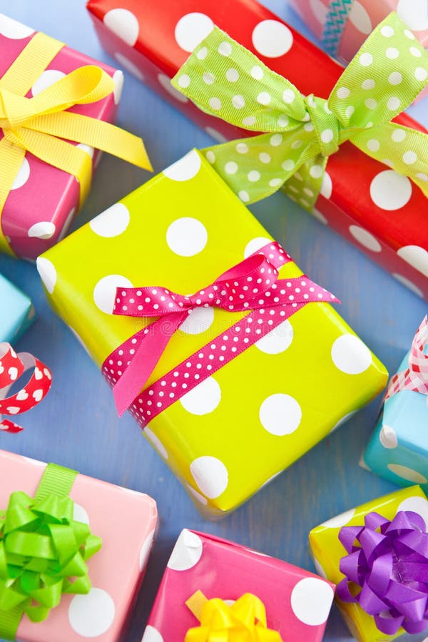 Colorful Gift Boxes Wrapped in Dotted Paper Stock Photo Image of