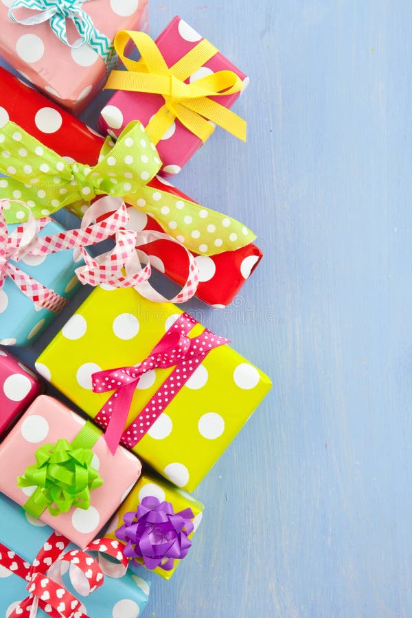 Colorful Gift Boxes Wrapped in Dotted Paper Stock Image Image of