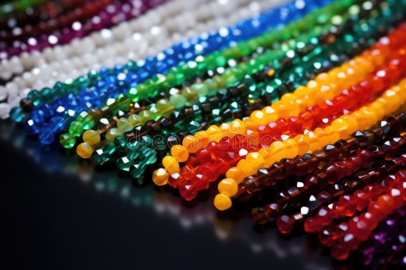 Colorful glass bead chains arranged on a black surface stock illustration