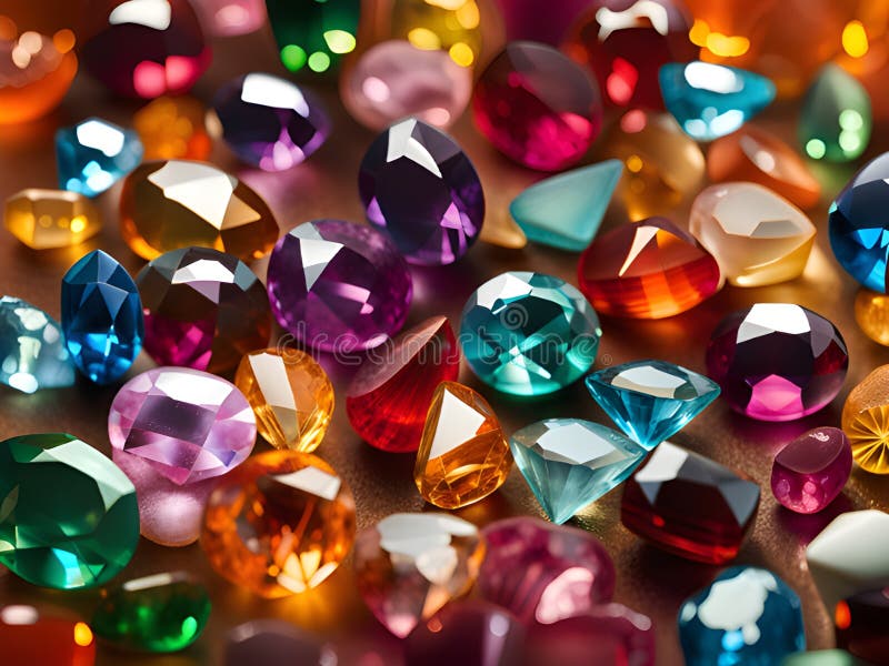 Colorful glass crystals of different sizes on dark background, royalty free illustration.