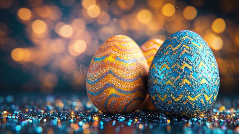 Colorful glittering easter eggs with zigzag patterns against bokeh background. Easter, Pascha, Paskha, Ostern, Pascua, Paques - Orthodox and Catholic Holiday celebration. AI generated