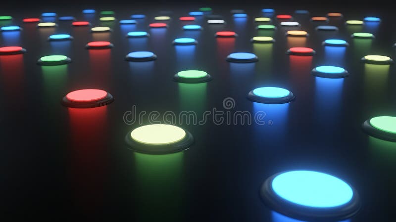 Colorful glowing buttons on dark surface stock photography
