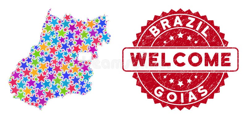 Bright Star Goias State Map Composition and Distress Welcome Stamp vector illustration