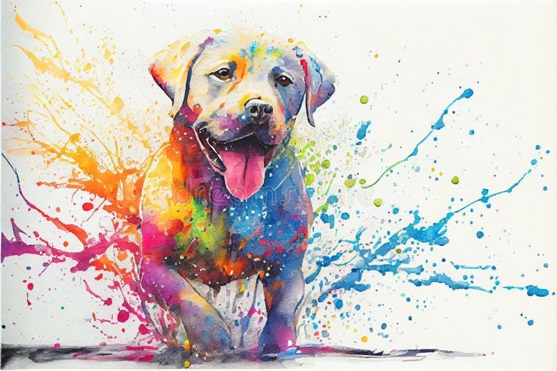 Vistoso acuarela multicolor la pintura de arcoíris dorado el perro retrato sobre el estructurado blanco, vistoso acuarela vistoso ilustraciones vibrando pintar fumigación sobre el crear Éste arte estilo.