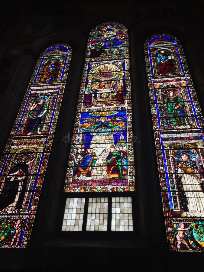Colorful Gothic stained glass window at the Church of Santa Maria Novella, Florence stock image Colorful Gothic stained glass window at the Church of Santa Maria Novella, Florence stock image