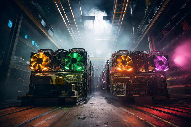 Colorful GPU mining rigs in industrial setting. Generative AI stock photography