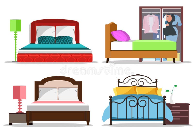 Colorful graphic set of beds with pillows and blankets. Modern bedroom furniture.
